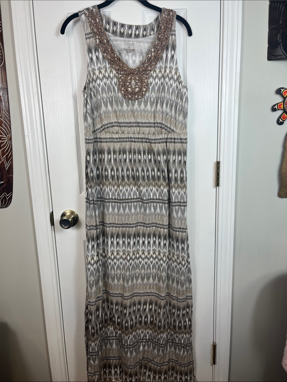 Sonoma Life Styles maxi dress size Lg. Beading at neckline, sleeveless, browns